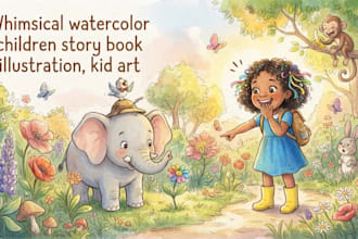 draw whimsical watercolor children story book illustration, kids art, hand drawn