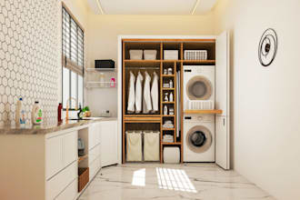 do 3d laundry room interior, laundry storage, 3d laundromat design