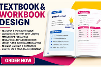 format and design educational textbook, workbook, manuscript and activity book