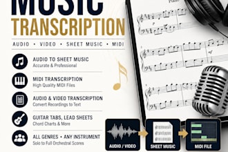 transcribe audio to sheet music, midi, audio and video transcription
