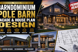design barndominium, pole barn, facade, auditorium and house plan design