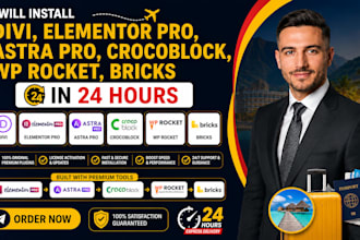 install divi, elementor pro, astra pro crocoblock, wp rocket bricks in 24 hours