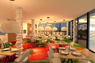 create realistic 3d restaurant, bar, cafe, food court, bakery interior design
