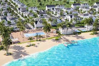 contemporary 3d residential homes, waterfront townhouses, landscape, vray render