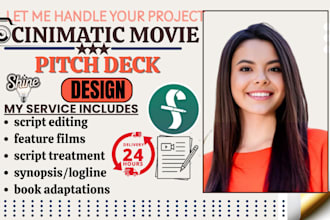 design a cinematic movie pitch deck and film presentation for filmmakers,  film