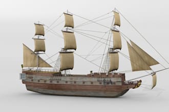 military ship model, low poly sailing ship, sailboat, historical ship rendering