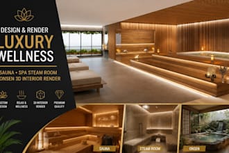 design luxury wellness sauna, spa steam bath room and onsen 3d interior render