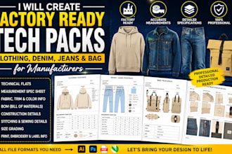 create clothing, denim, jeans and bag tech packs for manufacturing