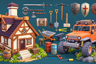 create 3d game assets, low poly props for unity and unreal