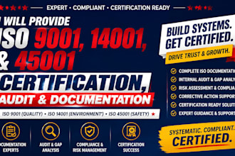provide iso 9001, 14001, and 45001 certification, audit, and documentation