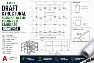 draft structural framing, beams, columns and staircase drawings