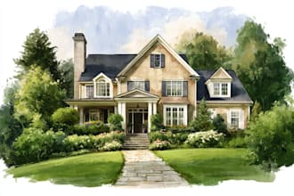 paint a watercolor house portrait or city space illustration