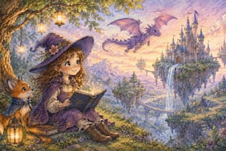 illustrate fantasy childrens storybooks with hand drawn art