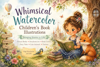 create whimsical watercolor children story book illustration picture book cover