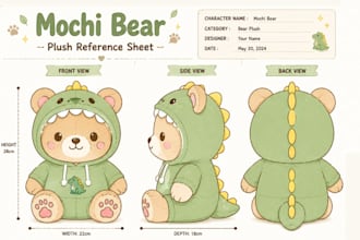 design custom plushie reference sheet, stuffed animal character or ych concept