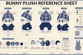 design professional plush reference sheet for toy design, stuffed animals labubu