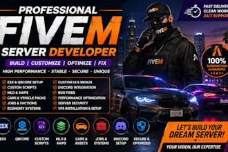develop fivem server, esx, qbcore, scripts, mlo, cars, jobs, UI, and fix bugs