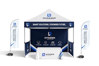 design canopy tent, roll up banner, table cover and feather flag