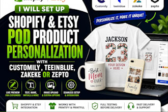 setup shopify pod etsy product personalization with  teeinblue, zakeke or zepto