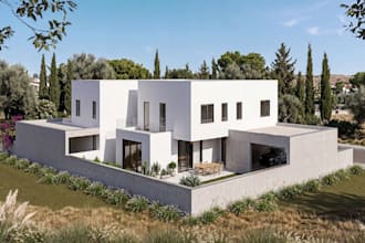 modernize mediterranean villa, render front elevation, concrete house,cgi render
