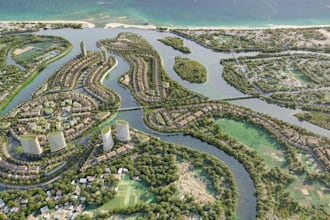 render 3d waterfront urban planning, coastal development, masterplan aerial view
