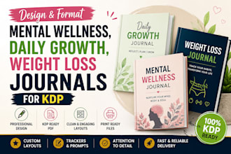 design and format mental wellness, daily growth, weight loss journals for KDP