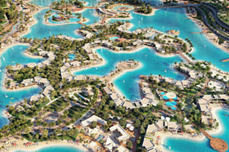design 3d resort community,waterfront living,tropical landscape,aerial rendering