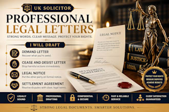 draft demand letter, cease and desist, settlement agreement as a UK solicitor