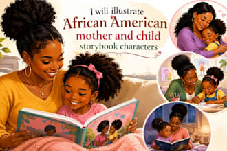 illustrate african american mother and child storybook character