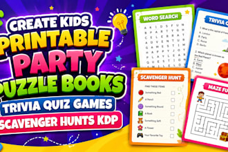 create kids printable party puzzle books trivia quiz games scavenger hunts kdp