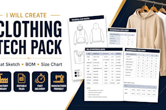 create clothing tech pack with flat sketch and bom for fashion brands