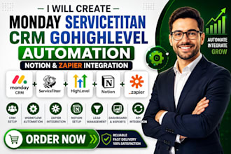 set up monday com, servicetitan CRM, gohighlevel, notion and zapier integrations