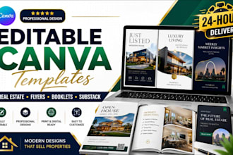 design canva templates, real estate, canva flyers booklets and substack graphics