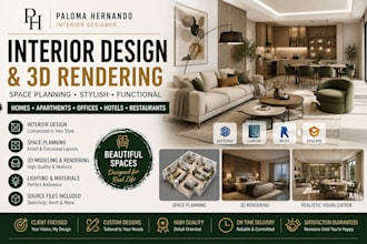 create interior design 3d rendering for home office hotel restaurant