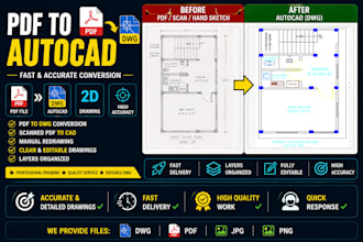 convert PDF, hand sketch, image to autocad dwg floor plan