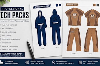 create clothing, streetwear, denim, activewear and bag tech packs for brands