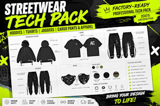 design a streetwear tech pack for hoodies tshirts joggers cargo pant and apparel