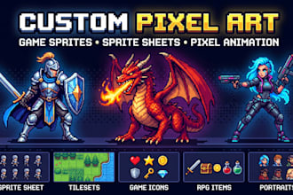 create pixel art, sprite sheet, game character and pixel animation