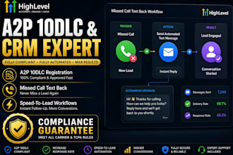 setup gohighlevel a2p 10dlc missed call text back automation
