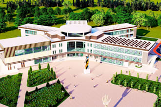 design a modern 3d tech hub, innovation center and digital workspace