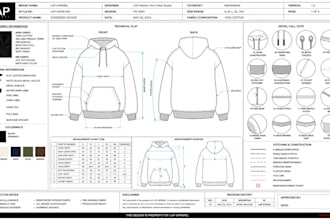 create tech pack for hoodies, oversized tees and cargos for manufacturers