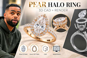 pear shaped halo engagement ring cad modeling, jewelry product rendering
