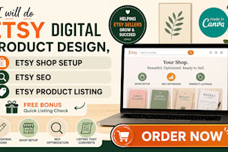 do etsy digital product design, etsy shop setup, etsy seo, etsy product listing