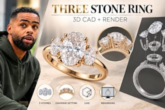 three stone diamond engagement ring cad design, 3d jewelry rendering concept