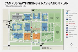 design a professional wayfinding map, directional signage map, campus navigation