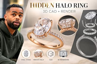 hidden halo oval engagement ring cad design, 3d jewelry rendering concept