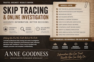 provide online investigation and due diligence with skip tracing, osint