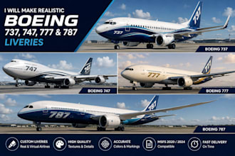 make realistic boeing 737, 747, 777 and 787 liveries