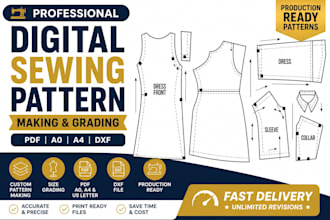 make a digital sewing patterns and size grading for patterns in PDF dxf