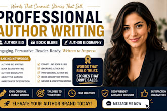 write a professional author bio, book blurb, and author biography